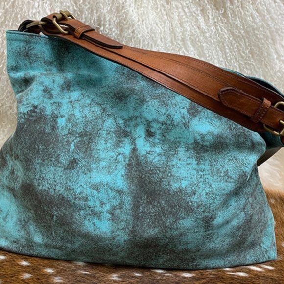 Juan Antonio Adobe Turquoise Blue Brown Leather Nubuck Weekend Boho Western Tote - Picture 13 of 16